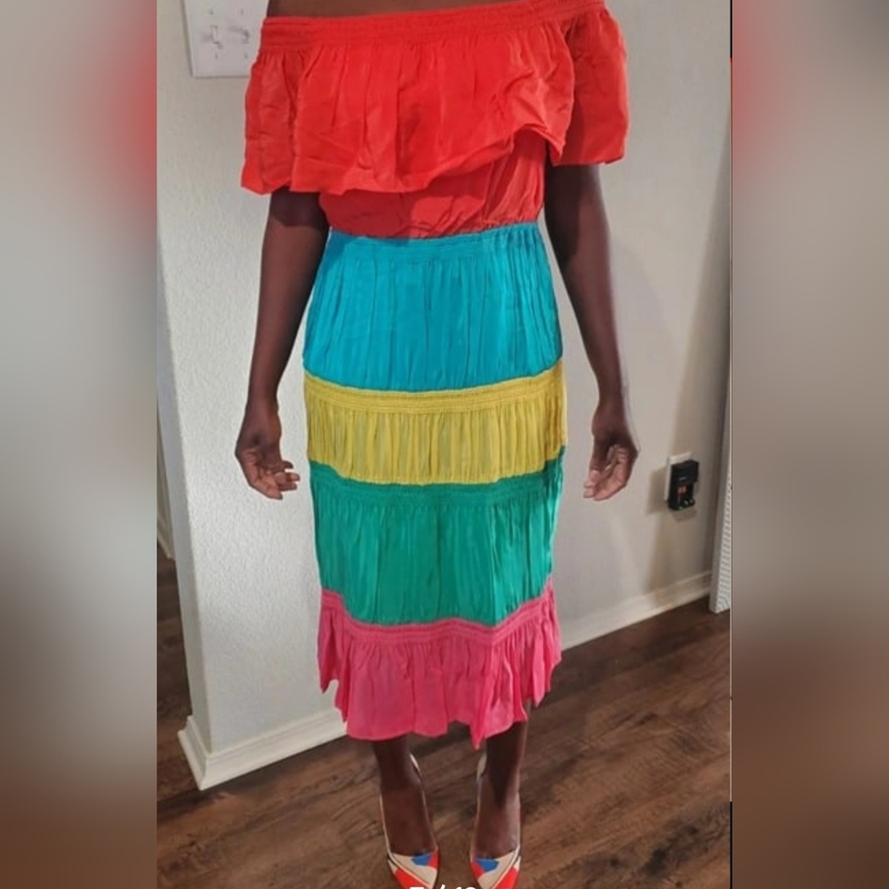 Alice + Olivia Kia Smocked Rainbow Cold-Shoulder Dress Size 10 - Picture 7 of 12